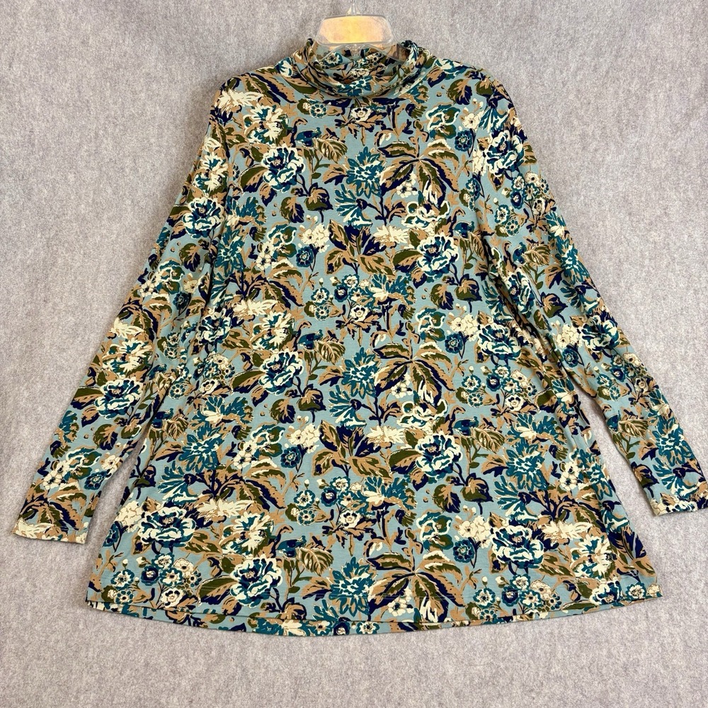Peruvian Connection XL Floral Pima Cotton Modal Turtleneck Tunic Top Long Sleeve